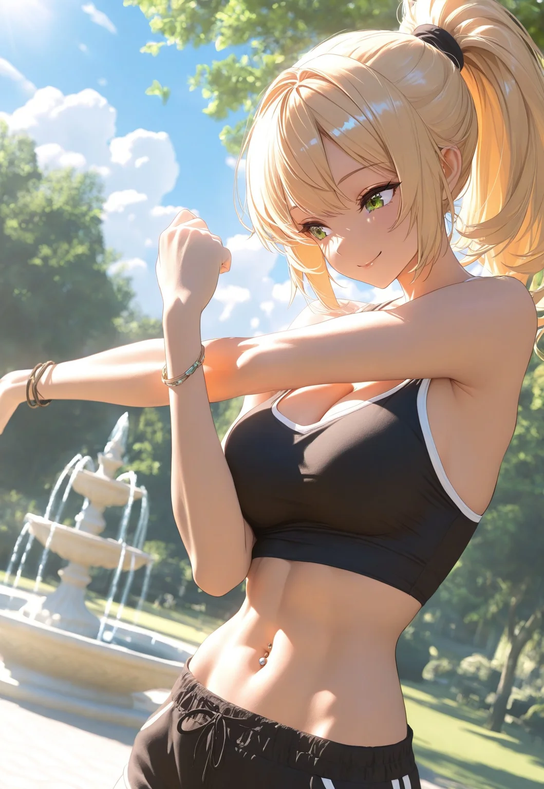 masterpiece, best quality, very aesthetic, absurdres, newest, highres, absurdres, dynamic lighting, sharp focus, depth of field, ambient occlusion, dynamic angle, daytime, outside, cloudy, park, trees, shade, greenery, fountain
1girl, adult, sporty, toned, tanktop, cleavage, midriff, shorts, bracelet, high ponytail, blond hair, stretching, smile, medium breasts, navel piercing, detailed eyes, detailed hands, Enchanting Eyes