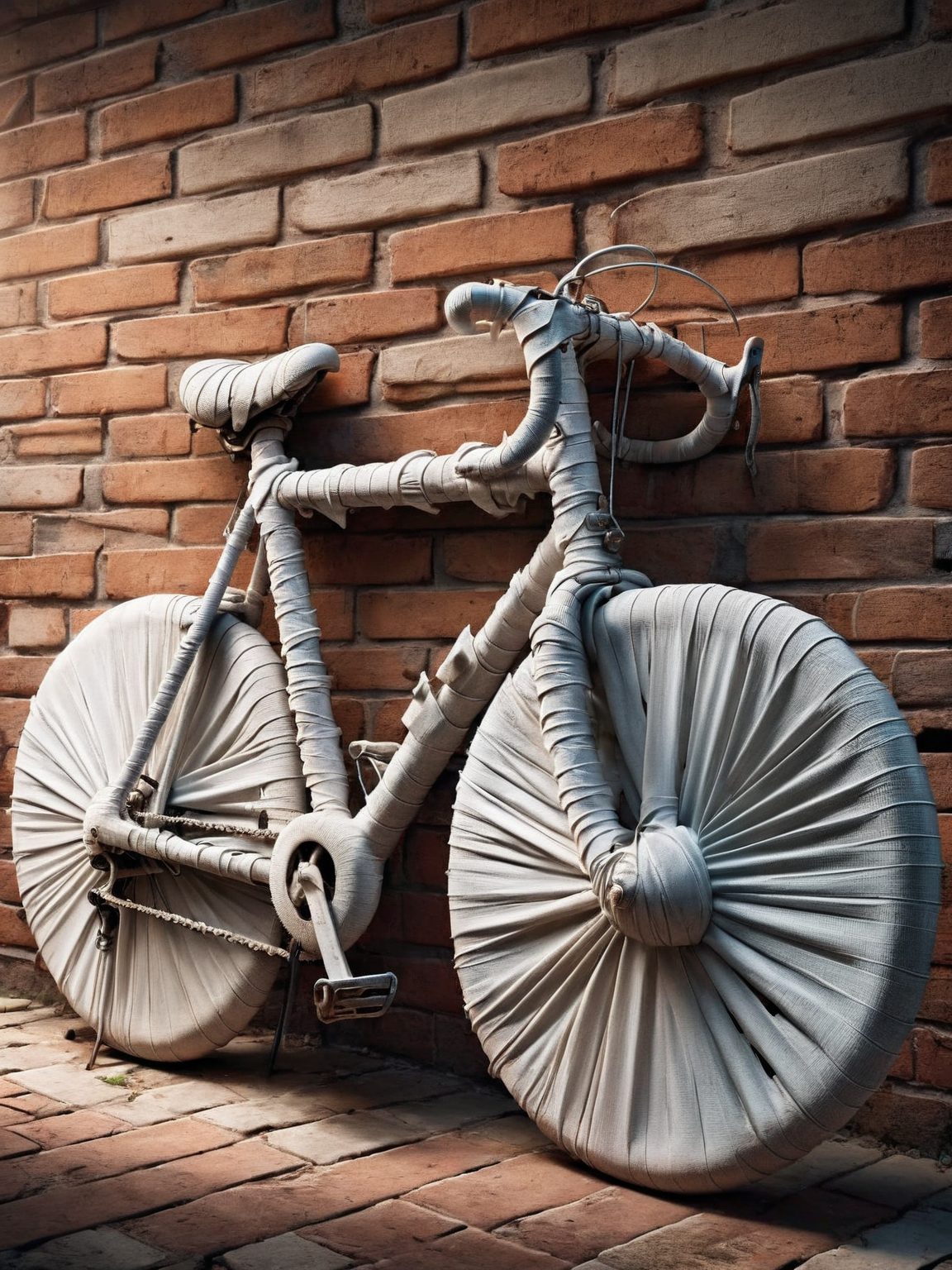 An old bicycle leaning against a brick wall, its frame whimsically ais-bndgs <lora:ais-bndgs-sdxl:1>