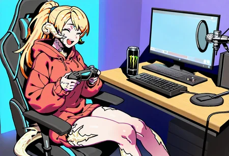 masterpiece, best quality, good quality, 4k, high-res detailed eyes,
1girl, au ra, tail,
oversized sweater, hood down, long hair, ponytail, energy drink, bare legs, sitting in gaming chair, holding controller, desk, microphone arm, microphone, happy, talking,
(Lhata4564_illu:0.6), (ireading:0.8)