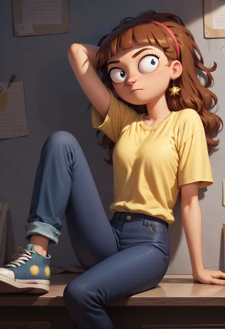 score_9, score_8_up, score_7_up, score_6_up, score_5_up, score_4_up, 1girl, morticiasmith, brown hair, hairband, yellow shirt, blue pants,