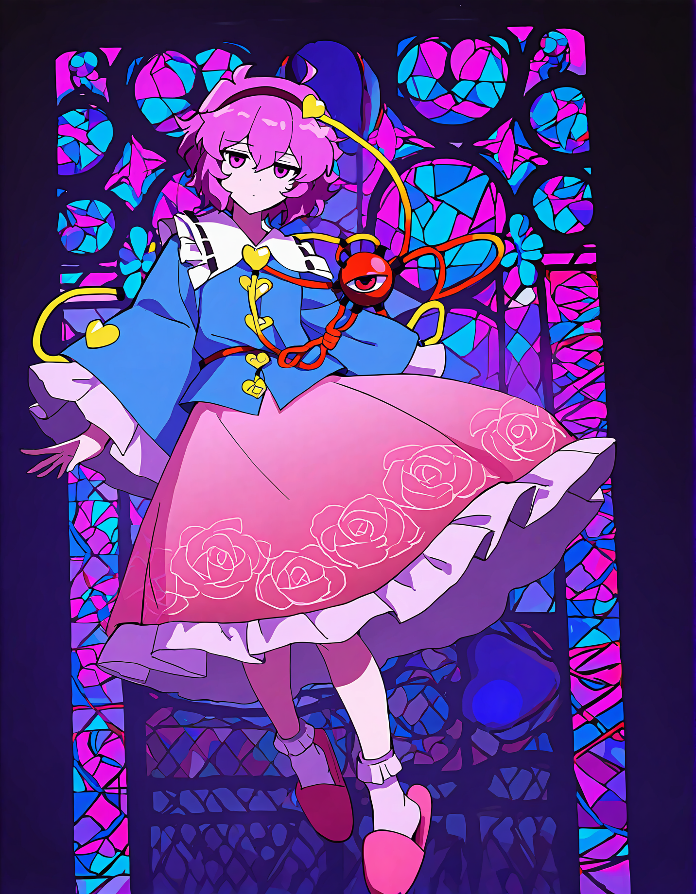 memoriesofphantasm, 1girl, komeiji satori, solo, skirt, slippers, third eye, hairband, heart, short hair, pink hair, shirt, pink skirt, long sleeves, socks, pink eyes, blue shirt, general, wide sleeves, stained glass, sensitive, frills, full body, white socks, eyeball, looking at viewer
very awa, masterpiece, best quality, year 2024, newest, highres, absurdres, <lora:memories-of-phantasm-style-noobai-vpred10-timestep-dynamic:1>