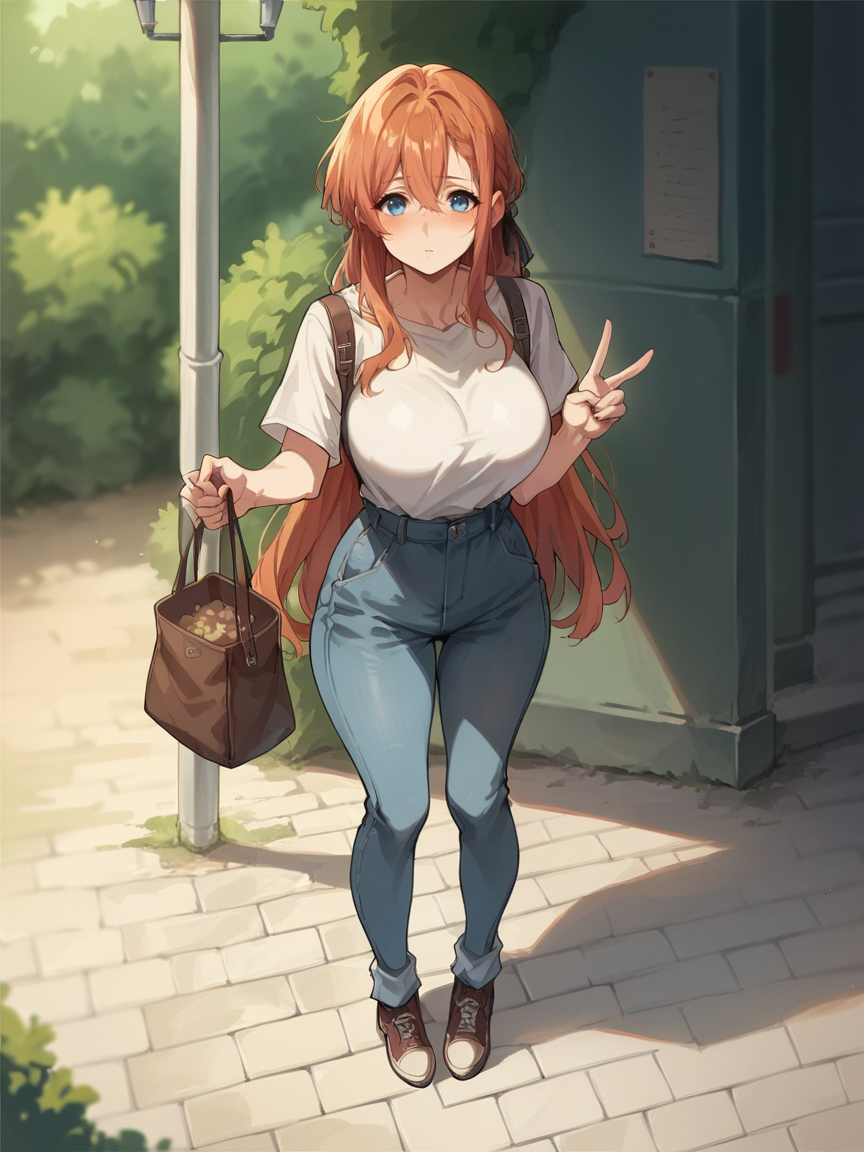 score_9, score_8_up, score_7_up, score_6_up, score_5_up, score_4_up, cute, ginger hair, blush, curvy, large breasts, long hair, v10l3t,  <lora:v10l3tXLP:0.7> full body,