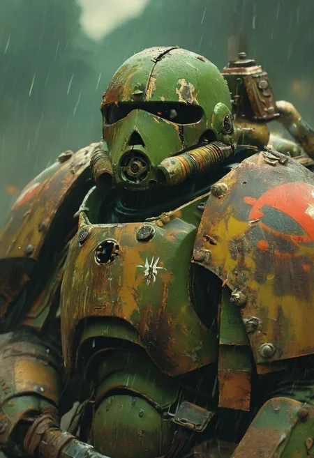close-up of Death Guard Plague Marine, armored, pitted and rusted, face partially visible, insects crawling on visor, carrying a plague sword, background of a blighted battlefield, foggy, toxic raindrops visible
