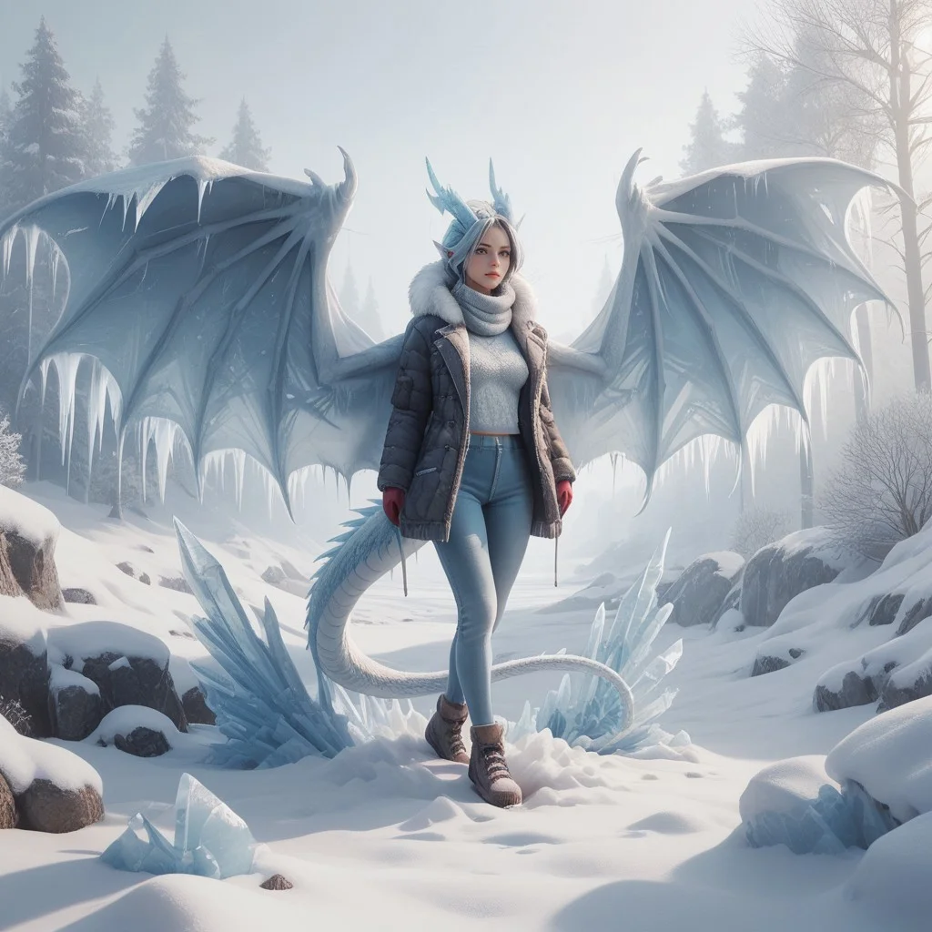safe_pos, score_9, score_8_up, score_7_up, score_6_up, score_5_up, score_4_up, fr0stwrld, snow, ice <lora:Fr0stWrld4:0.8> A human woman with medium breast and slim and athletic body, woman has dragon horns wings and tail, woman made of snow
