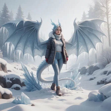 safe_pos, score_9, score_8_up, score_7_up, score_6_up, score_5_up, score_4_up, fr0stwrld, snow, ice <lora:Fr0stWrld4:0.8> A human woman with medium breast and slim and athletic body, woman has dragon horns wings and tail, woman made of snow