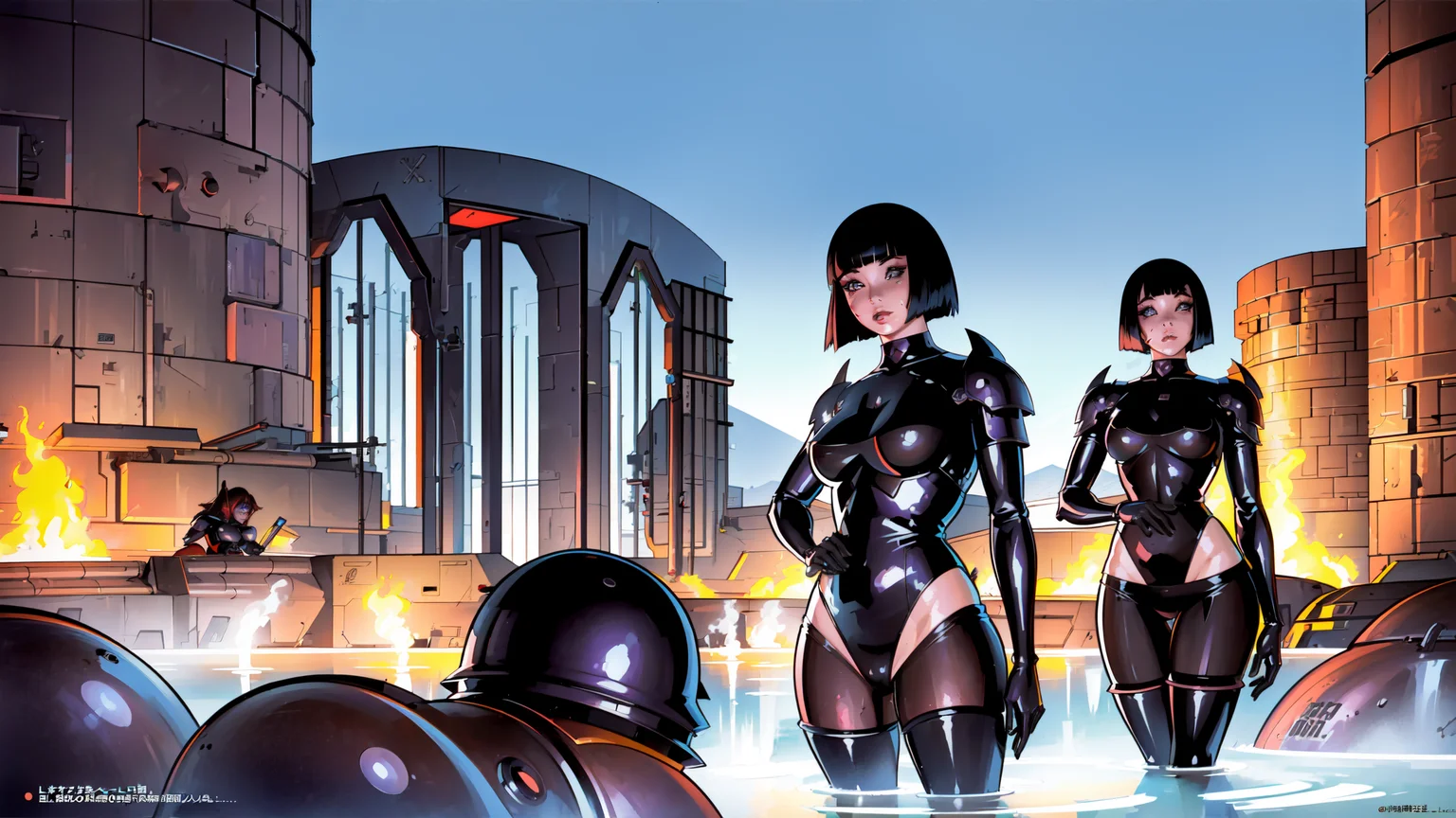 1960s sci-fi cover art, female barbarian warriors, ("the Tenebrous mindscape, Macro":1.2), (masterpiece), (best_quality), (illustration), anime movie background, official art, beautiful location design, a (inspirational Hipster:1.3) (hot spring:1.3)[, trending on artstation::0.4], absurdres, <lora:bombshell:1>