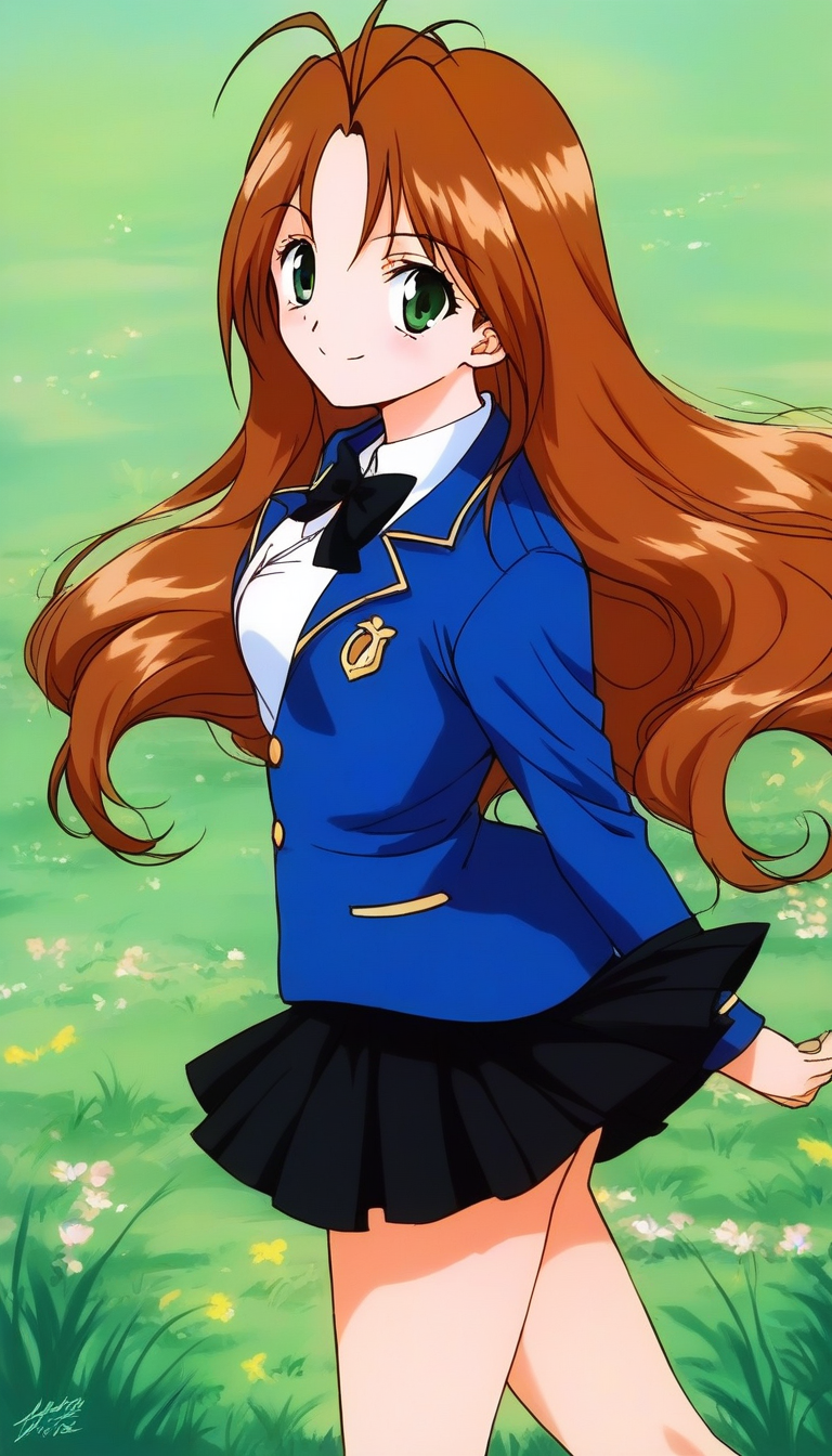score_9, score_8_up, score_7_up, source_anime, rating_explicit, BREAK <lora:Tanima_Yuri_XL:1>Tanima_Yuri, 1girl, solo, long hair, brown hair, green eyes, antenna hair, breasts, 1990s (style), smile,
smile,looking at viewer, cowboy_Shot,
skirt, mary janes, long sleeves,  black ribbon.
standing, pleated skirt, looking at viewer, black skirt, smile, 
miniskirt, school uniform, bow, blue jacket,  bowtie,
grass, sky, day,