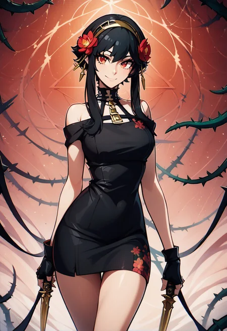 score_9, score_8_up, score_8, big breasts, (curvy), cute, eyelashes,
rating safe,
BREAK,
YorForger,1girl,black hair,red eyes,short hair with long locks, gold hairband,hair flower, black choker, black dress,sleeveless,off shoulder, floral_print, fingerless gloves, black footwear,thigh holding dagger,
BREAK,
smile, looking at viewer,
abstract background, thorns, dark theme, white outline, cowboy shot, zzDarkAcademia,
zPDXL, Expressiveh