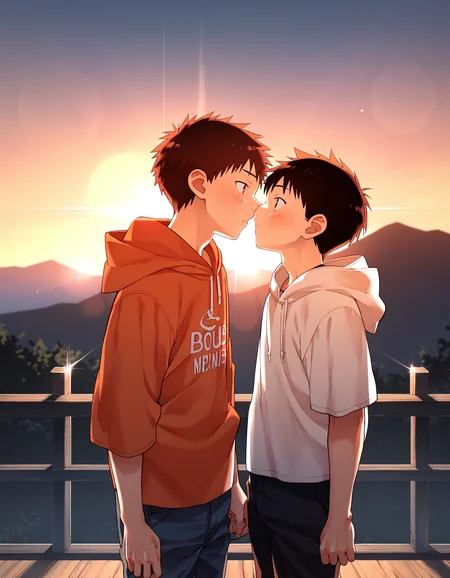 score_9, score_8_up, score_7_up, score_6_up, source_anime, outdoors, mountains, railing, sunset, lens flare, backlighting, from side, 2boys, brown hair, brown eyes, black hair, bangs, t-shirt, hoodie, pants, standing, face-to-face, eye contact, blush, imminent kiss <lora:a6_AMXL_v1g-ShoAI:1>