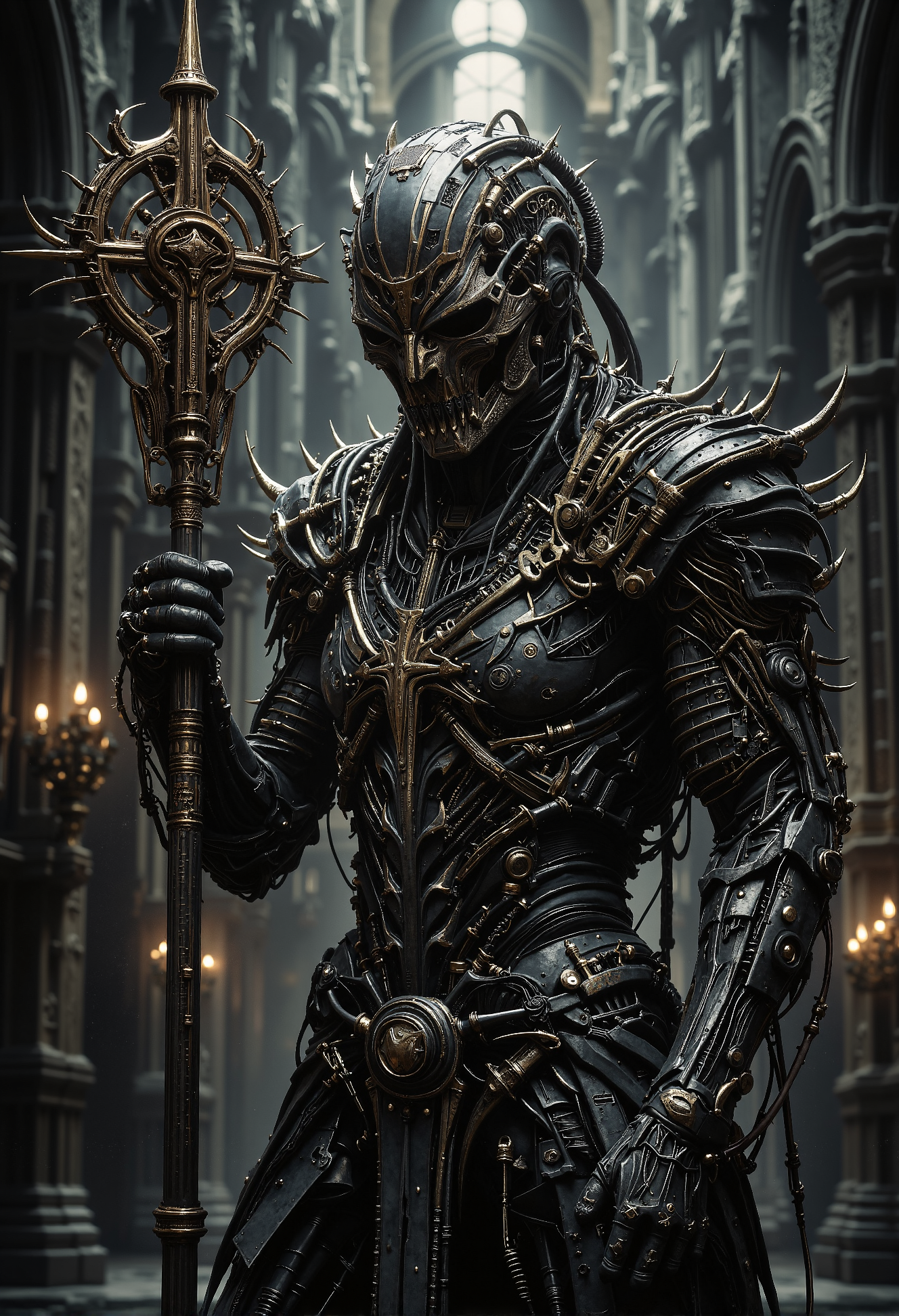 A dark, imposing figure stands in a grand, dimly lit cathedral. This character wears intricate, gothic black armor adorned with gilded crosses and chains, giving a religious yet ominous presence. The helmet is tall, almost bishop-like, with a faceless visor that reflects no light, enhancing the aura of mystery. The figure holds a menacing staff, topped with a spiked, circular cross design, which looks both ceremonial and weaponized. The armor details include ornate engravings and mechanical components, blending medieval design with a futuristic, almost steampunk aesthetic. The atmosphere is solemn, with a faint, ethereal glow from high cathedral windows casting cold light onto the dark figure, emphasizing the contrast between shadow and metallic details. <lora:Magic_of_Art_\(FLUX\).safetensors:1.0>,  <lora:The_Dark_Side_Of_The_Future.safetensors:0.33>,  <lora:Giger_2_0.safetensors:0.3>,  <lora:aiai-Glimra-Flux-Dev-v2.safetensors:0.5>,