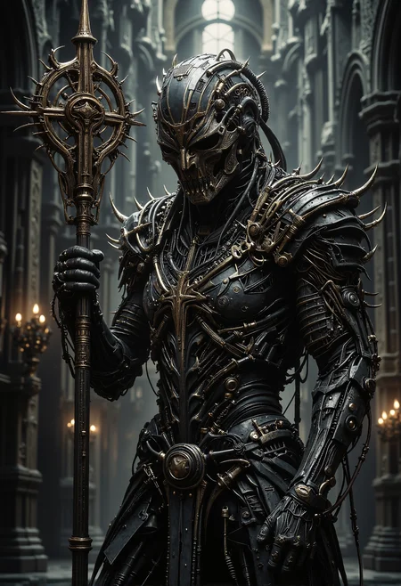 A dark, imposing figure stands in a grand, dimly lit cathedral. This character wears intricate, gothic black armor adorned with gilded crosses and chains, giving a religious yet ominous presence. The helmet is tall, almost bishop-like, with a faceless visor that reflects no light, enhancing the aura of mystery. The figure holds a menacing staff, topped with a spiked, circular cross design, which looks both ceremonial and weaponized. The armor details include ornate engravings and mechanical components, blending medieval design with a futuristic, almost steampunk aesthetic. The atmosphere is solemn, with a faint, ethereal glow from high cathedral windows casting cold light onto the dark figure, emphasizing the contrast between shadow and metallic details. <lora:Magic_of_Art_\(FLUX\).safetensors:1.0>,  <lora:The_Dark_Side_Of_The_Future.safetensors:0.33>,  <lora:Giger_2_0.safetensors:0.3>,  <lora:aiai-Glimra-Flux-Dev-v2.safetensors:0.5>,