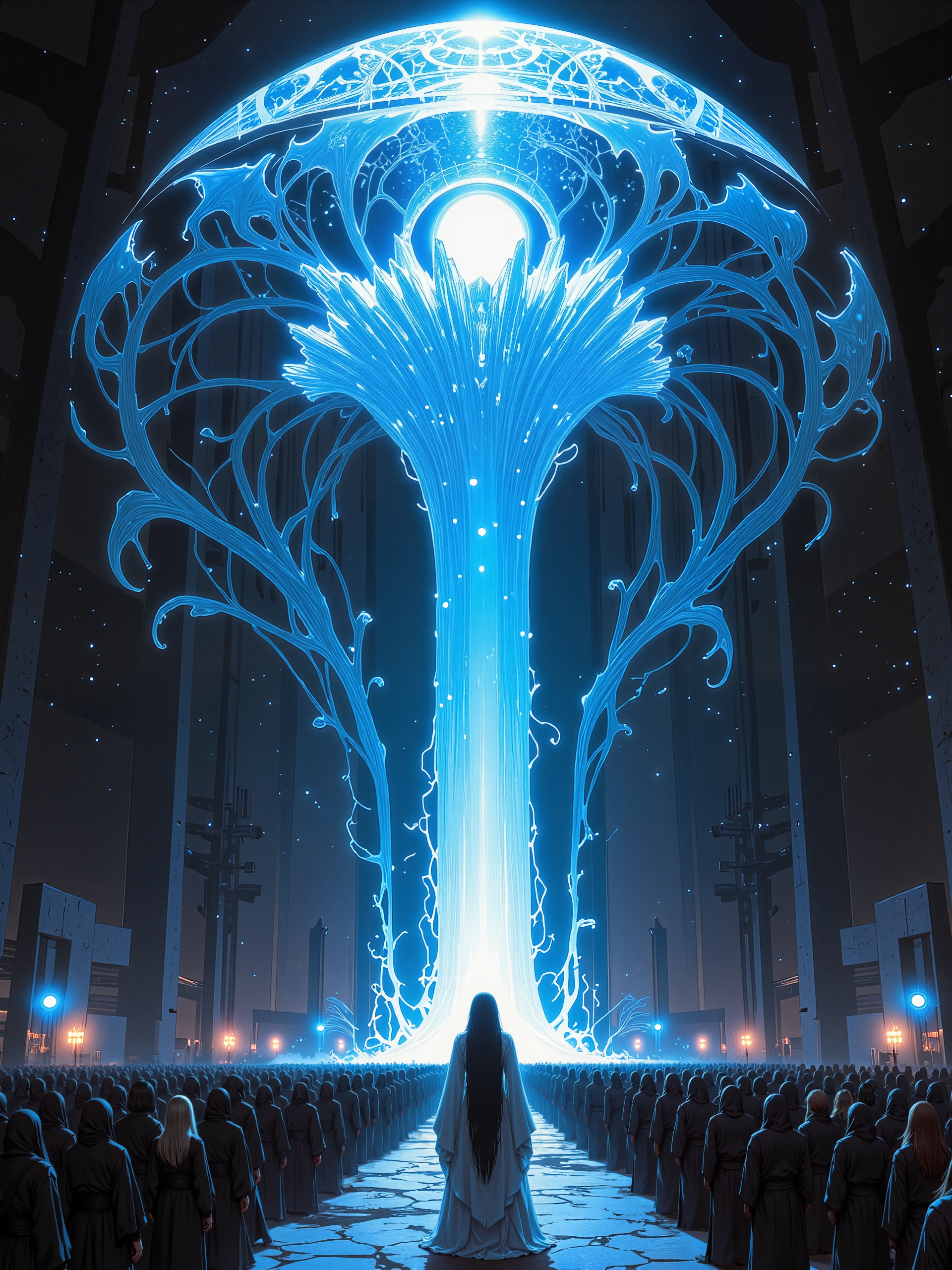 famous award-winning sci-fi painting, masterwork, hyper-realistic, photo-realistic, ultra detailed, high resolution, uhd, 8k, 4k, epic, highly aesthetic, beautiful, dramatic, accurate, symmetrical composition, at night, dim lighting, generations journey reach the hallowed end, suspended water, plasma of the sacrament, the black key of the veil, the black path of water bridges transcendency, corporeal constraints, corporeal shedding, cimerian weeping caught in tired chaliced hands, disciples parched lips, imbibe sable revered essence, with dried throats consumed to expand into divine command, ethereal vision's dawn, ethereal inception, seeing through hidden screens, woven branches undulate, weaves of crystal replicate, voidborn, phosphorescent mist, fractal ornament, lovecraftian, cthulhu mythos, ovg, aidmaimageupgrader, aidmamj6.1 <lora:image_upgrader-flux-by_aidma:0.56> <lora:epic_gorgeous_details-balance-flux-by_flyway:0.4> <lora:midjourney_61-v0.3-flux-by_aidma:0.56> <lora:style-dreamy_Illustrations-flux-by_kawaiikitsuneai:0.76> <lora:style-neon_fantasy-flux-by_neowave:0.6>