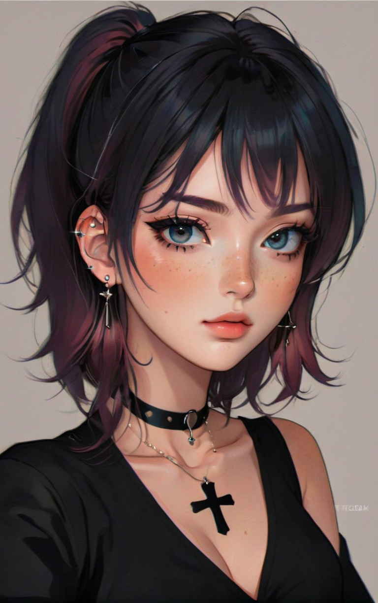 alt girl, digital art, professional anime illustration, (best quality, masterpiece, aesthetic, colorful, dynamic angle, detailed), (shiny skin, detailed face, freckles), painting of a portrait selfie photo of woman with dyed hair wearing black cross earrings, makeup, eyeliner, black t-shirt, best aesthetic, soft light  <lora:alt_fashion:0.6>   <lora:aesthetic_anime_v1s:0.7>