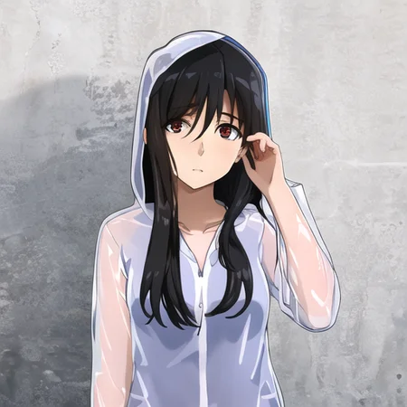 ((masterpiece)),(best quality), absurdres,sadako_yamamura,<lora:Sadakobest:0.8>,  <lora:Transparentraincoat:1>, transparent raincoat,hood up,