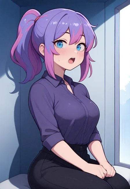 masterpiece,best quality,amazing quality,very aesthetic,high resolution,ultra-detailed,absurdres,1girl,solo,sitting,looking_to_the_side,from_side,open mouth,medium breasts,blue hair,purple hair,two-tone hair,ponytail,blue eyes,dress,shirt,pants ,<lora:MyTrainings\Temp\Slime_Girl_Copilot_Style_IL\Slime_Girl_Copilot_Style_IL_ARZUMATA.safetensors:0.8>