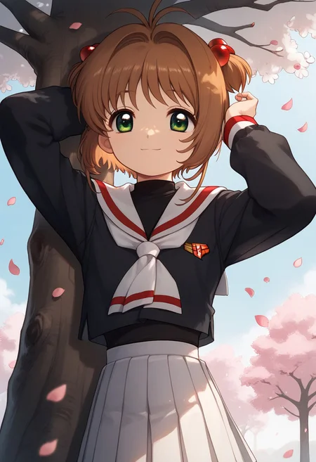 score_9, score_8_up, score_7_up, professional anime,1girl,solo,( kinomoto sakura from CARDCAPTOR SAKURA),green eyes, brown_hair, short_hair, antenna_hair, hair_intakes, flat_chest, hair_bobbles, white_skirt, pleated_skirt, black_shirt, white_sailor_collar, white_neckerchief, long_sleeves,slight smile,Under a tree, cherry tree, petals all over the stage