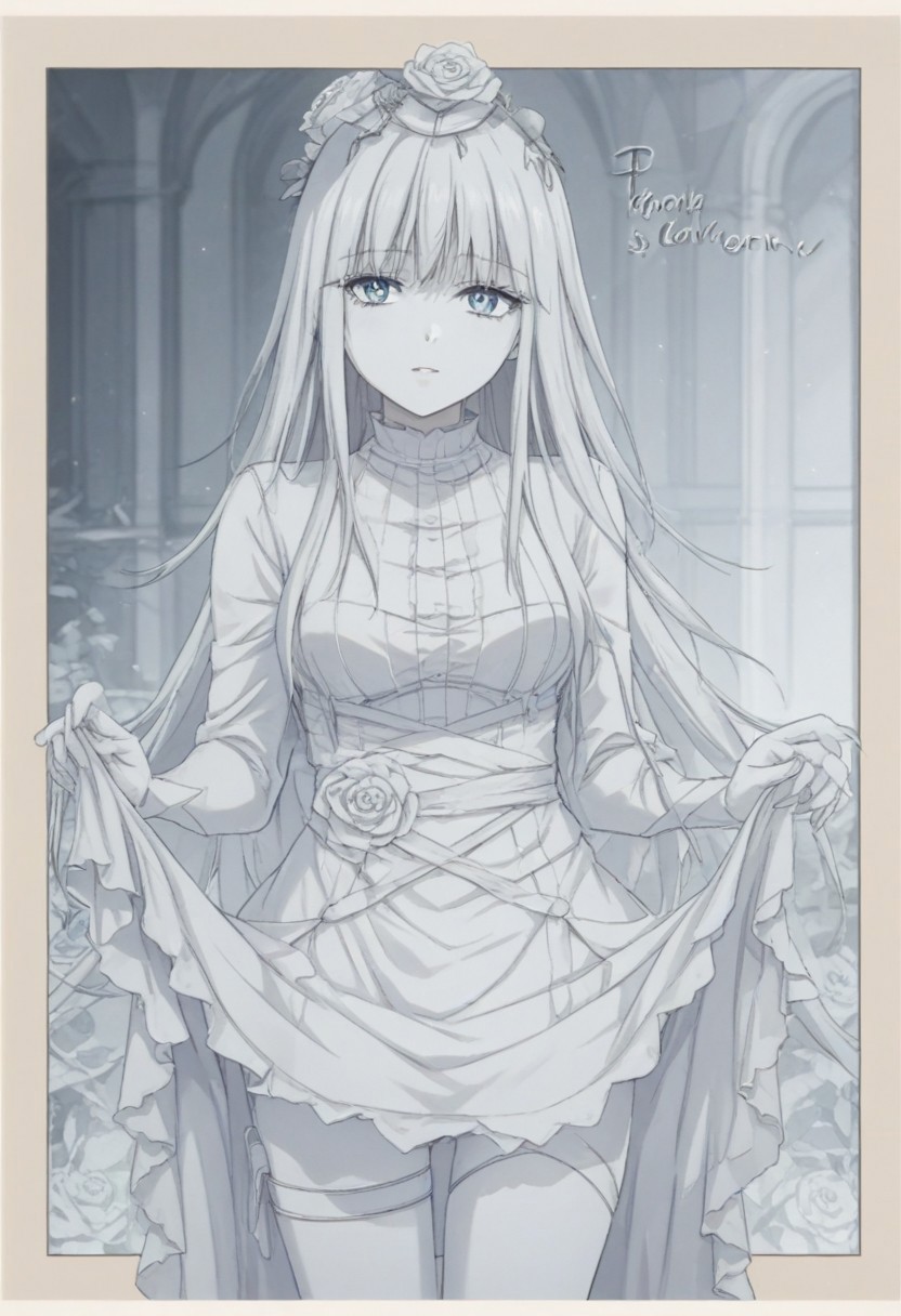 ((white theme:1.75)),((best quality)),((masterpiece)),((ultra-detailed)),(illustration),(detailed light),(an extremely delicate and beautiful),incredibly_absurdres,(glowing),(1girl:1.7),solo,a beautiful girl,(((cowboy shot))),standding,((Hosiery)),((beautiful dress+stocking):1.25),((Belts)),(leg loops),((flower headdress)),((short white hair)),(((beautiful blue eyes))),((english text)),(flower:1.65),(rose),(garden),(((border:1.75))),cozy animation scenes