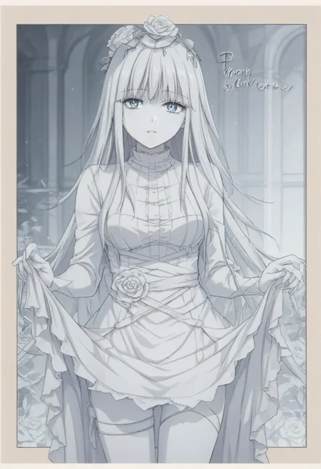 ((white theme:1.75)),((best quality)),((masterpiece)),((ultra-detailed)),(illustration),(detailed light),(an extremely delicate and beautiful),incredibly_absurdres,(glowing),(1girl:1.7),solo,a beautiful girl,(((cowboy shot))),standding,((Hosiery)),((beautiful dress+stocking):1.25),((Belts)),(leg loops),((flower headdress)),((short white hair)),(((beautiful blue eyes))),((english text)),(flower:1.65),(rose),(garden),(((border:1.75))),cozy animation scenes