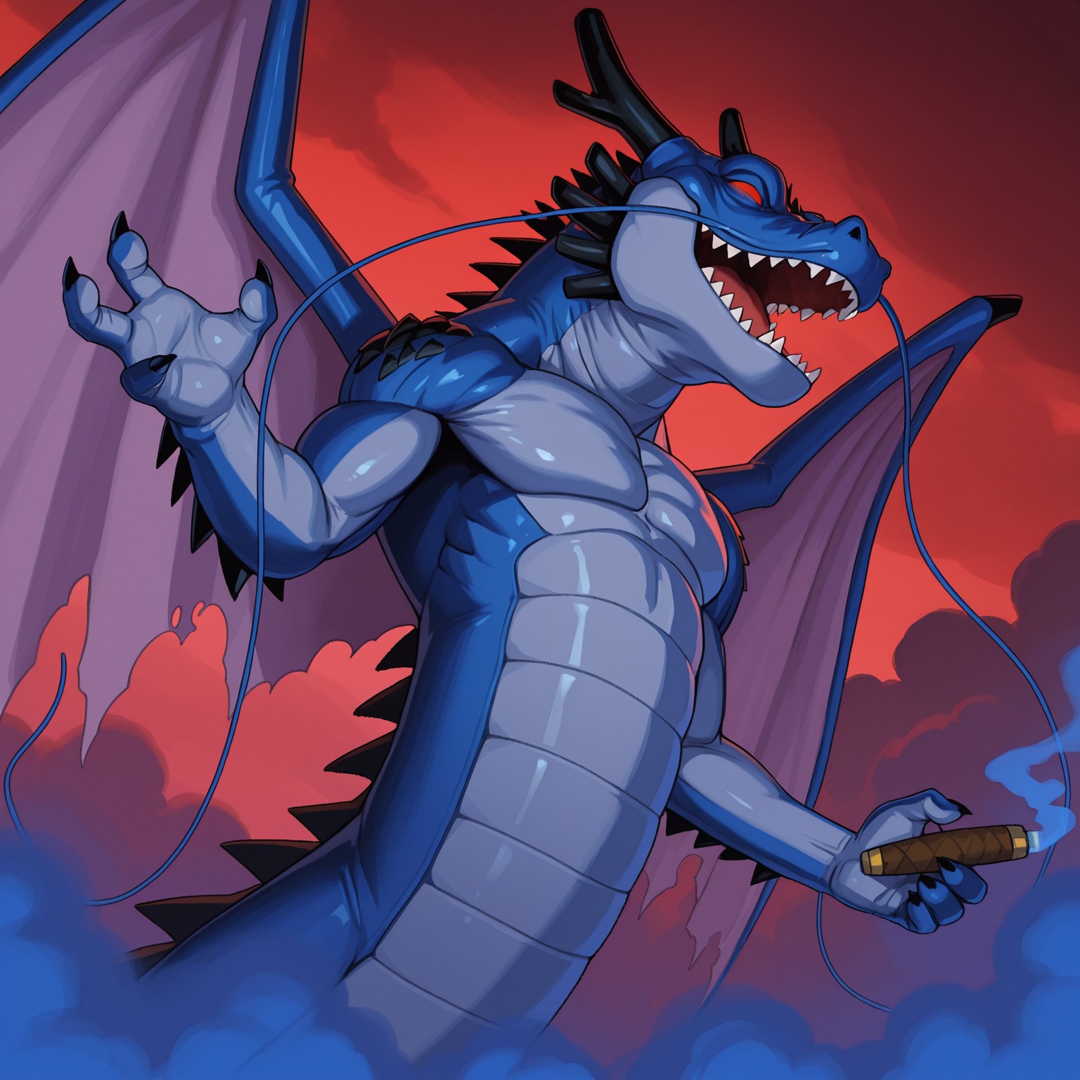Blacksmoke, solo, 2d, male, eastern dragon, wings, blue body, blue skin, blue scales, scalie, whiskers, barbel, red eyes, two tone skin, no pupils, black horns, sharp teeth, black claws, wings, black spikes, arm spikes

BREAK open mouth smile, holding cigar, smoke, red sky, blue smoke, flying, best quality, amazing quality, very aesthetic, absurdres, newest