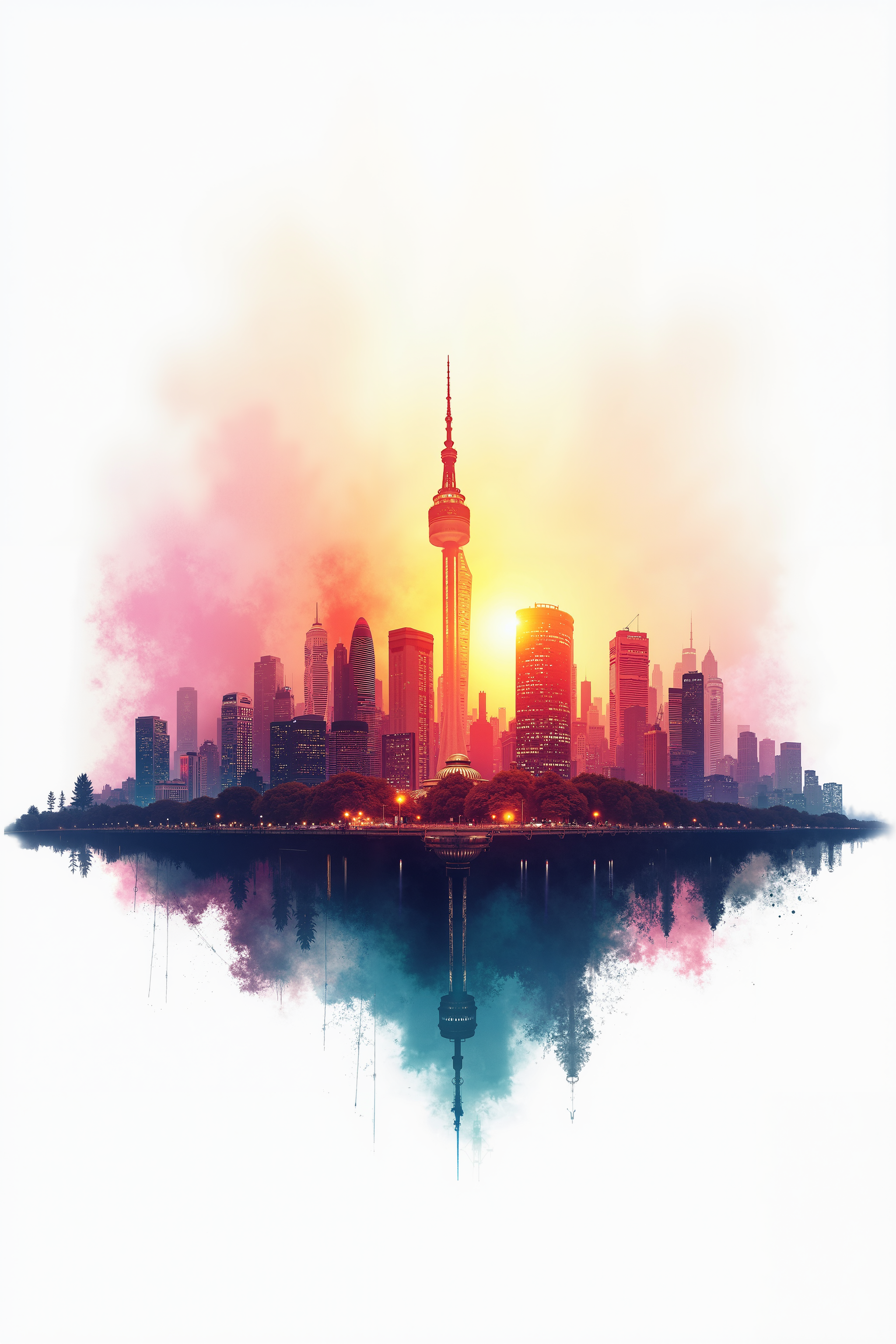 In the center of a plain, white background, a vibrant wallpaper art masterpiece showcases the stunning scene of The City of Awe. Dense, with its iconic skyline, is depicted in the style of this unique and captivating composition. 