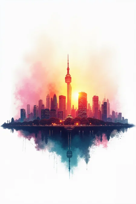 In the center of a plain, white background, a vibrant wallpaper art masterpiece showcases the stunning scene of The City of Awe. Dense, with its iconic skyline, is depicted in the style of this unique and captivating composition.