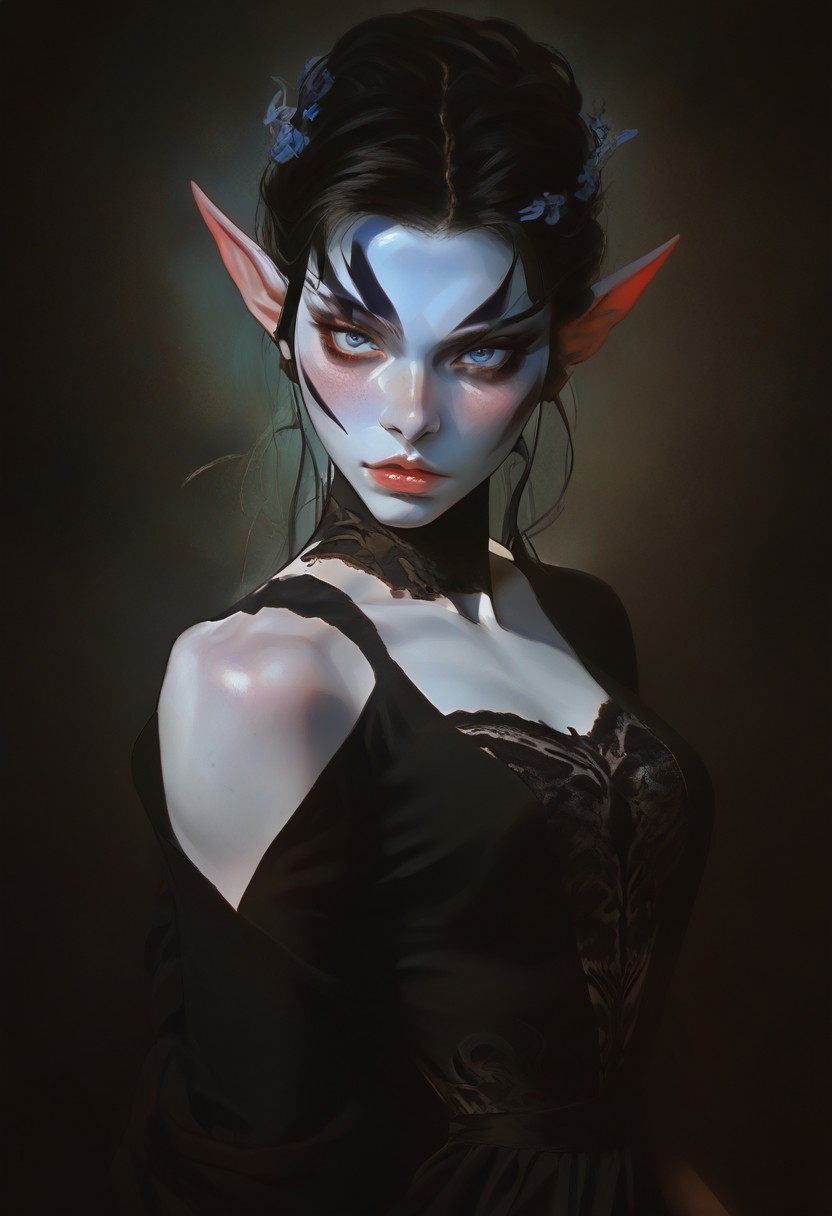 score_9, score_8_up, score_7_up,
1 girl, solo,
elf woman, beautiful, delicate,
black hair,
pale skin, milky skin,
light blue eyes, looking at viewer,
petite body,
dark blue intricate dress,
dynamic pose, sexy posing,
fantasy, elvish style,