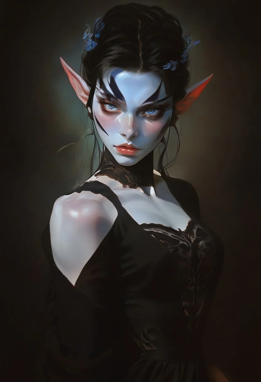 score_9, score_8_up, score_7_up,
1 girl, solo,
elf woman, beautiful, delicate,
black hair,
pale skin, milky skin,
light blue eyes, looking at viewer,
petite body,
dark blue intricate dress,
dynamic pose, sexy posing,
fantasy, elvish style,
