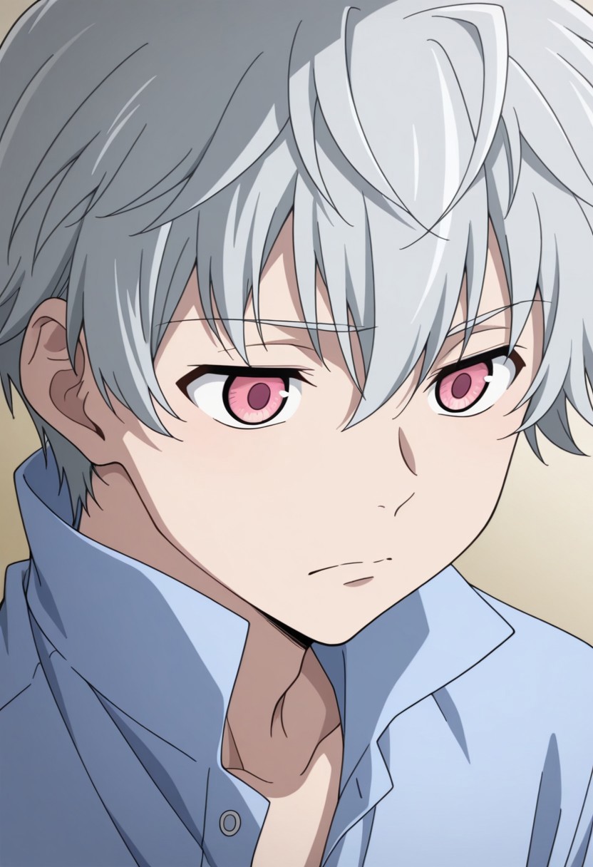 masterpiece,best quality,amazing quality, source_anime, 
aruakise, 1boy, male focus, solo, pink eyes, grey hair, shirt, blue shirt, high collar,