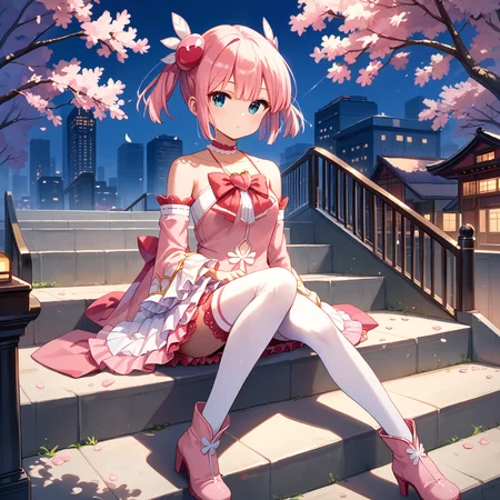 score_9, score_8_up, score_7_up, score_6_up, score_5_up, score_4_up, BREAK source_anime, look at viewer, rating_safe, 1girl, solo, city, cherry blossom, full body, sitting, on stairs, masterpiece, best quality, high detailed skin, chiyoda momo, blue eyes, pink hair, short hair, momo magic, magical girl, short twintails, wing hair ornament pink bowtie, pink choker, bare shoulders, detached sleeves, pink skirt, layered skirt, frilled sleeves, frilled skirt, lace-trimmed choker, frilled thighhighs, thighhighs, high heel boots,