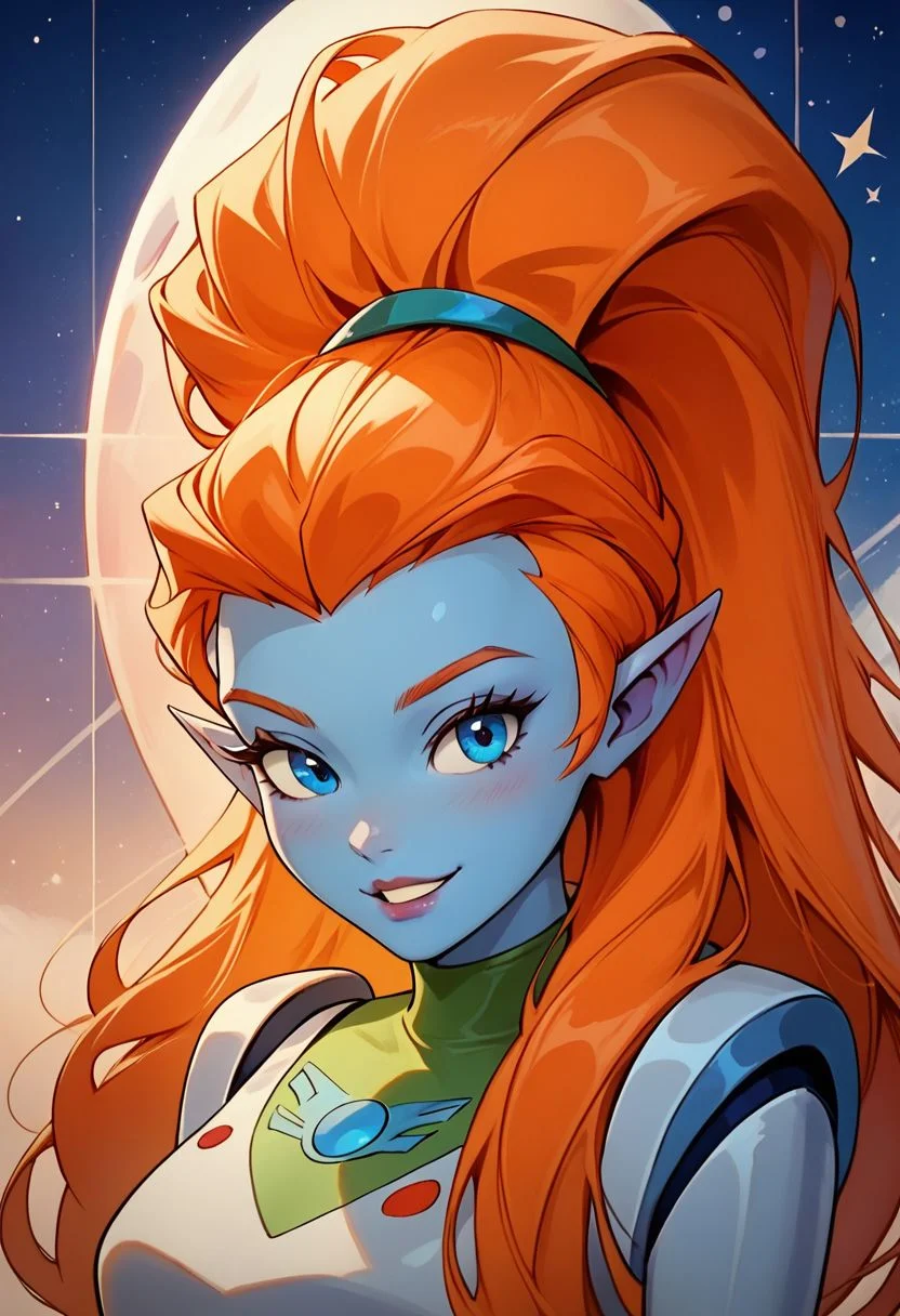 score_9, score_8_up, score_8, big breasts, (curvy), cute, eyelashes,
zzMira, blue eyes, blue skin, orange hair, pointy ears, white spacesuit, portrait, smile,
zPDXL, alien planet background,
hud_jets0n,