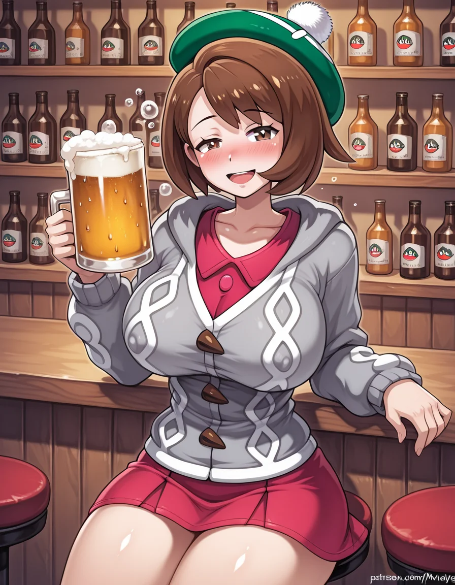 <lora:Mogudan_Illustrious:1>mstyle
solo, Gloria_(pokemon), scottish bar, holding beer, drunk, woozy, cardigan, green hat, anoyed, bubbles, big breasts