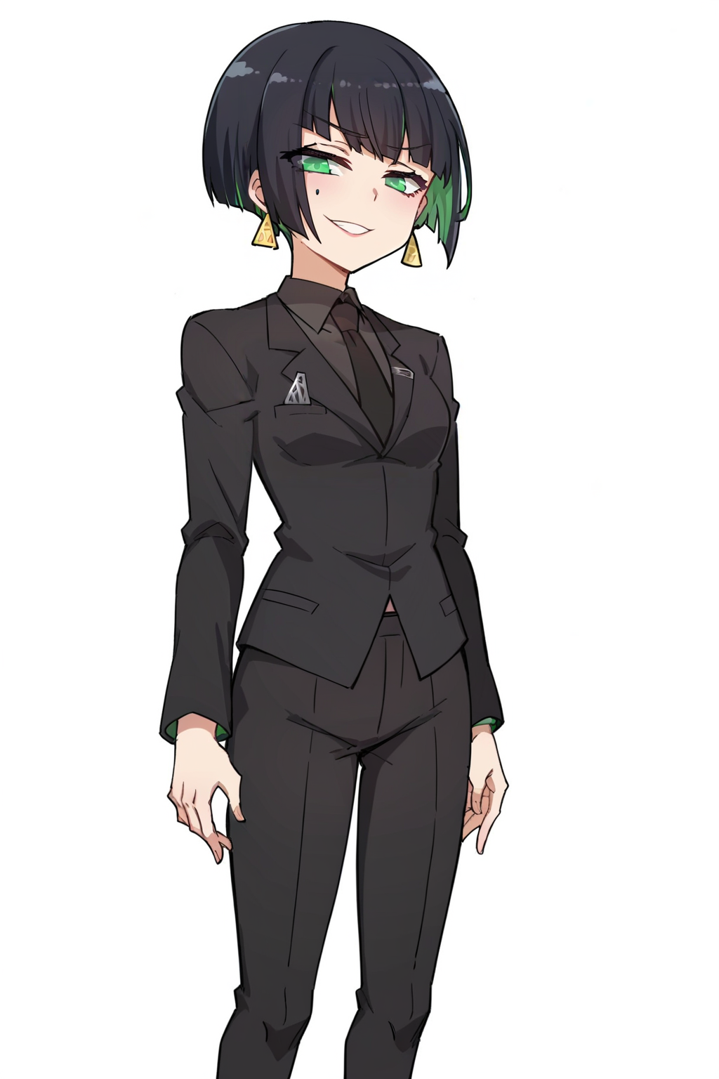 score_9, score_8_up, score_7_up, score_6_up, score_5_up, score_4_up, BREAK source_anime,anime screencap,rating_explicit,1girl,solo,anime screencap,smile,
edgAllmind,blunt bangs,two tone hair,earrings,black suit,necktie,
 <lora:edgAllMindPony:1>
