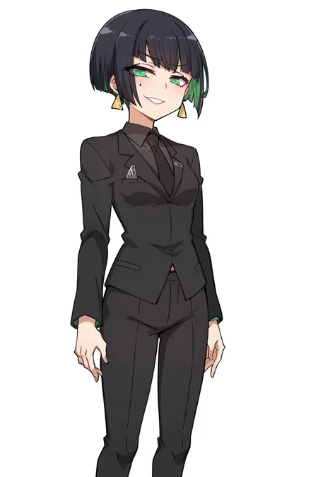 score_9, score_8_up, score_7_up, score_6_up, score_5_up, score_4_up, BREAK source_anime,anime screencap,rating_explicit,1girl,solo,anime screencap,smile,
edgAllmind,blunt bangs,two tone hair,earrings,black suit,necktie,
<lora:edgAllMindPony:1>