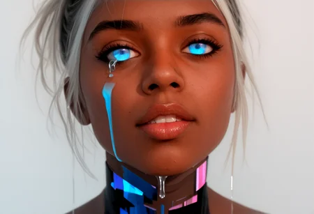 masterpiece, best quality, newest, absurdres, highres, female, iridescent hair, surreal liquid distortion, fluid-like strands flowing over face, glowing tears, abstract glitch, soft focus, blurred vision, cyberpunk elements, with the theme "dreams in liquid glitch", ethereal, hauntingly beautiful, soft light, distorted colors, delicate but intense emotion, chaotic tranquility, 69yotte4_illu, ilya kuvshinov, eye focus, close-up, detailed eyes, photorealism, photography \(artwork\), skin pores, peach fuzz, dark-skinned female, ta-illu, bamf-illu, <lora:Beautiful_Mahogany_Style_Illu_Edition:0.85> <lora:Tomomi_Abe_Style_V1_Illu_Edition:0.77> <lora:69yottea_illu_v2:0.85>