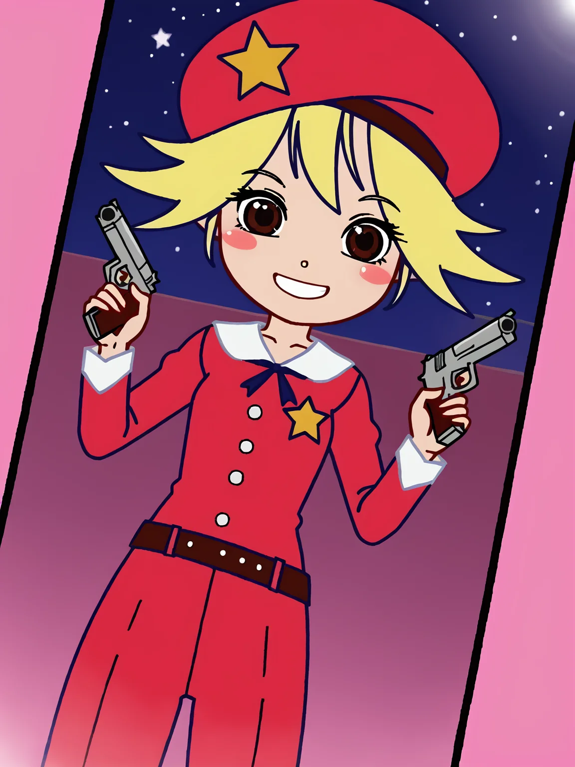 1girl, smile, source_cartoon, piuvictoria, <lora:Victoria (Pump It Up):0.8>, blush, blonde hair, brown eyes, red hat, star ornament, holding gun, aiming at viewer