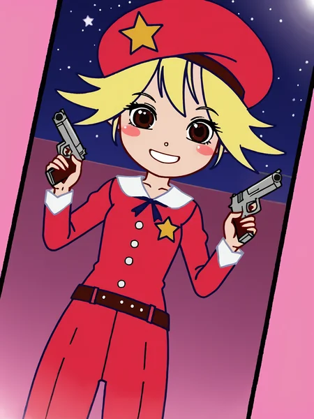 1girl, smile, source_cartoon, piuvictoria, <lora:Victoria (Pump It Up):0.8>, blush, blonde hair, brown eyes, red hat, star ornament, holding gun, aiming at viewer