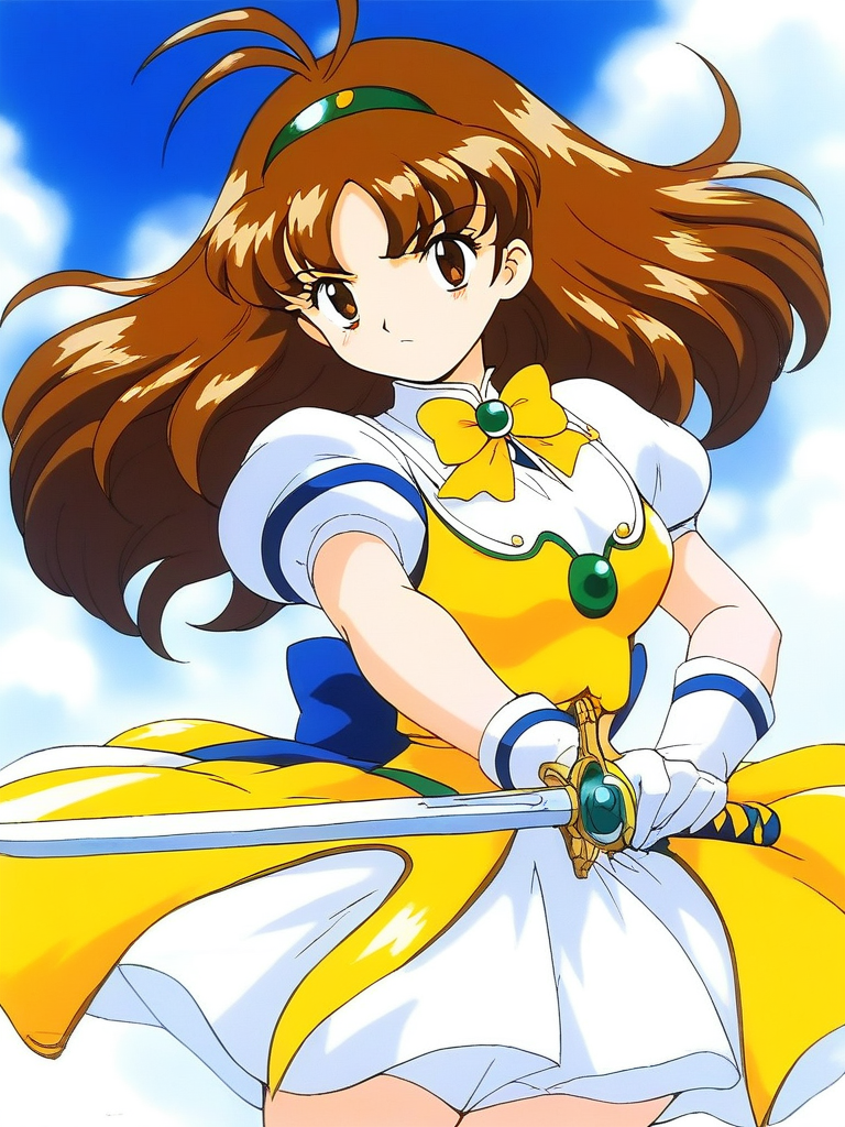 score_9, score_8_up, score_7_up, source_anime, rating_explicit, BREAK  <lora:Tsurugino_Mai_XL:1> Tsurugino_Mai, 1girl, solo, brown hair, weapon, gloves, sword, long hair, holding, 
1990s (style), brown eyes, bow, yellow bow, holding weapon, holding sword, magical girl, 
hairband, skirt, short sleeves, white gloves, Yellow armor, dress, white skirt,
looking at viewer, antenna hair, puffy sleeves, bangs, puffy short sleeves