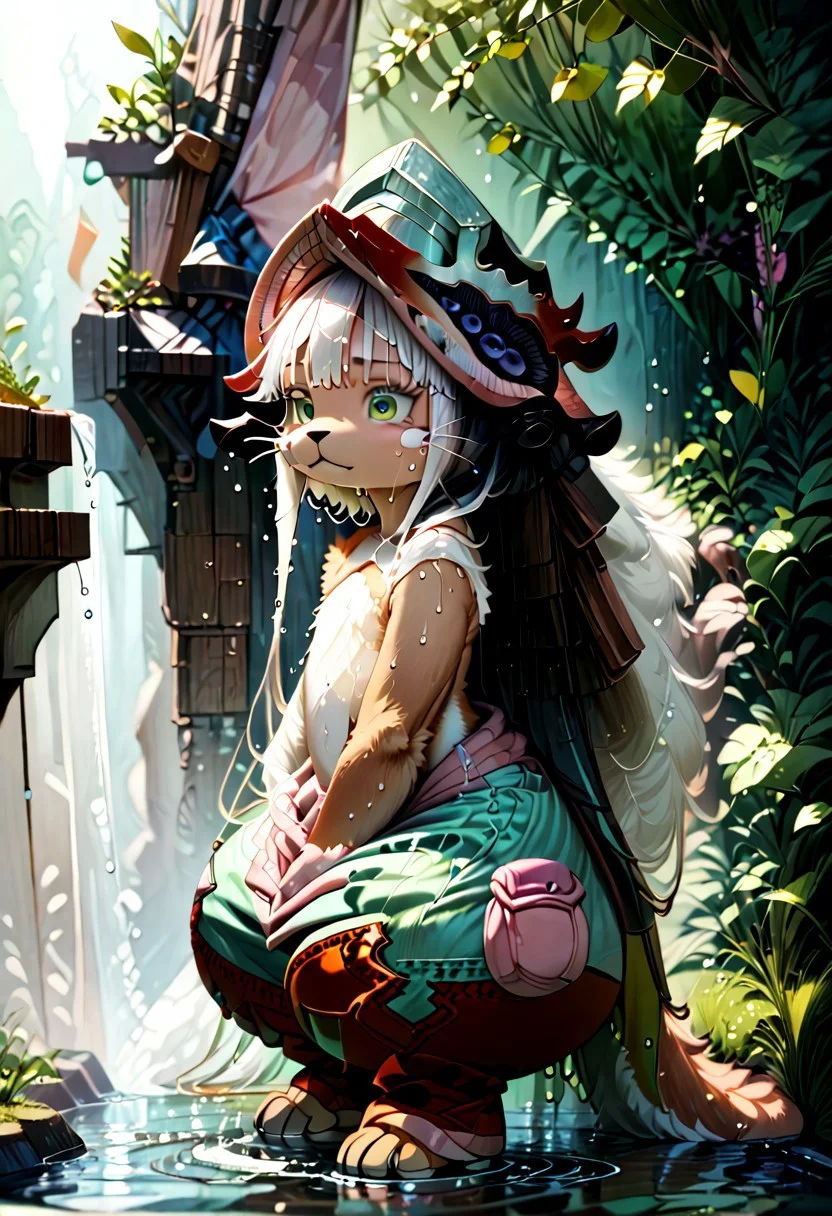 score_10, score_9_up, score_8_up, score_7_up, score_6_up, photorealistic, epiCPhotoGasm-colorfulPhoto, Realistic, highres, super high resolution, 8k, female, 1girl, nanachi, \(made in abyss\)/,(ultra HD quality details), green eyes, white hair, furry, animal ears, tail, sidelocks, full length, cunning face, long hair, black hair, full, furry, grey, anthro, thin body, black fur, wet fur, detailed fur, puffy pants, helmet, long hair, ears through headwear, short hair, animal ears, black
body fur, fluffy, nature on the background , photo, better resolution, best quality, realistic