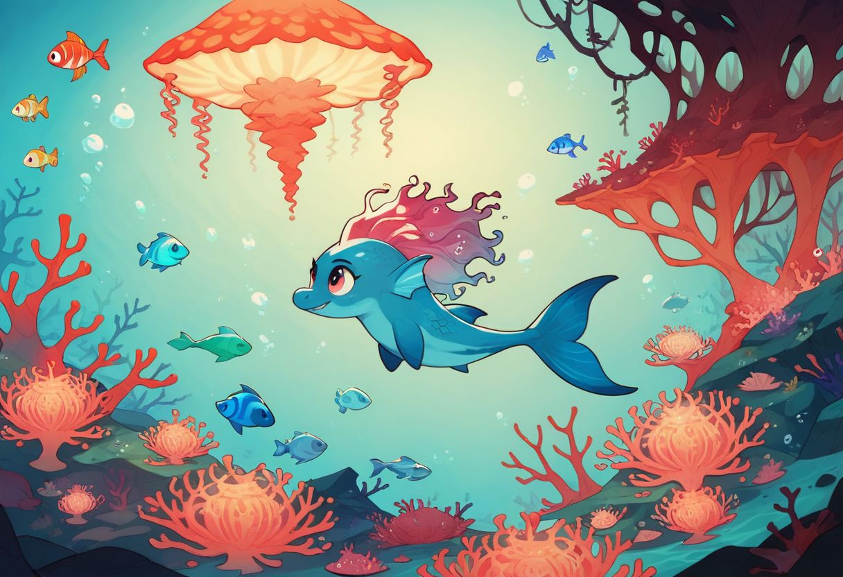 score_9, score_8_up, score_8_up, mystical underwater scene with vibrant coral reefs, schools of fish, and a mermaid or sea creature gracefully swimming through the water