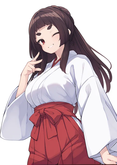 masterpiece, best quality, amazing quality, very aesthetic, absurdres,  girl, solo, <lora:Kuranami_Shiki:1>, kurashiki, red eyes, thick eyebrows, long hair, brown hair, single hair bun, miko outfit, wink, smile, looking at viewer, japanese temple background