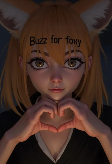 <lora:eb-last:1> EBL, photo, anthropomorphic fox gril,makes a heart with her fingers, close up view on her face, she has a sad expression, sadness, she looks at the viewer, the words "Buzz for foxy" are written on her forehead, Dim light