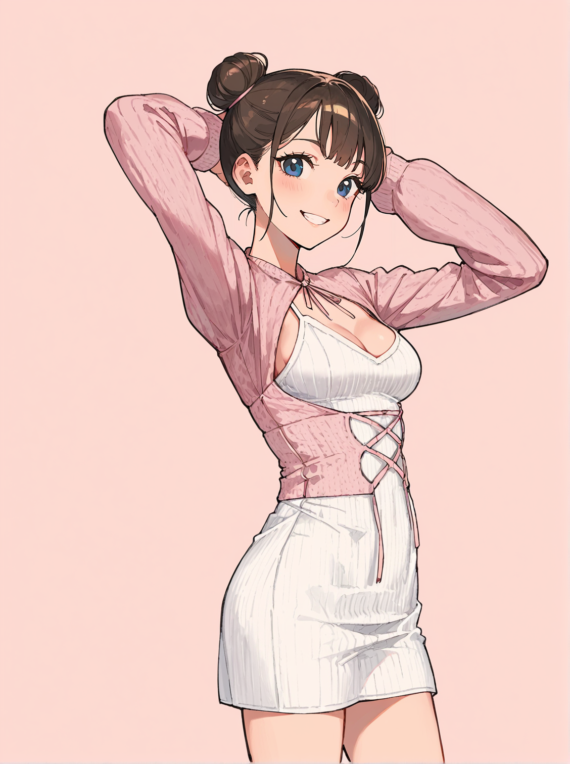 score_8_up, score_7_up, score_6_up, source_anime, 1girl, solo, simple background, pink background,
standing, pose, contrapposto, arched back, cowboy shot
smile, hair buns, hair, medium breasts
short dress, ribbed dress, cross-laced clothes, knit sweater <lora:Short_Dress:1>
pink sweater, white dress