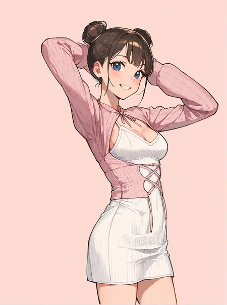 score_8_up, score_7_up, score_6_up, source_anime, 1girl, solo, simple background, pink background,
standing, pose, contrapposto, arched back, cowboy shot
smile, hair buns, hair, medium breasts
short dress, ribbed dress, cross-laced clothes, knit sweater <lora:Short_Dress:1>
pink sweater, white dress