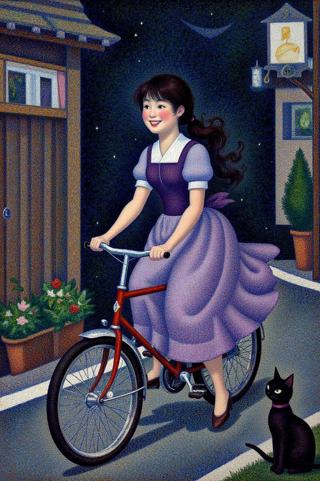 geoseu1 pointillist painting.
A Japanese school girl riding a old style bicycle through a narrow, quiet street at night. The happy woman wears a simple, flowing purple dress. In the corner, a small black cat with piercing eyes sits watching her quietly. The mood is tranquil and slightly magical.  <lora:geoseu1_cap_d6a3e12:1.0><lora:821053221628974857:0>