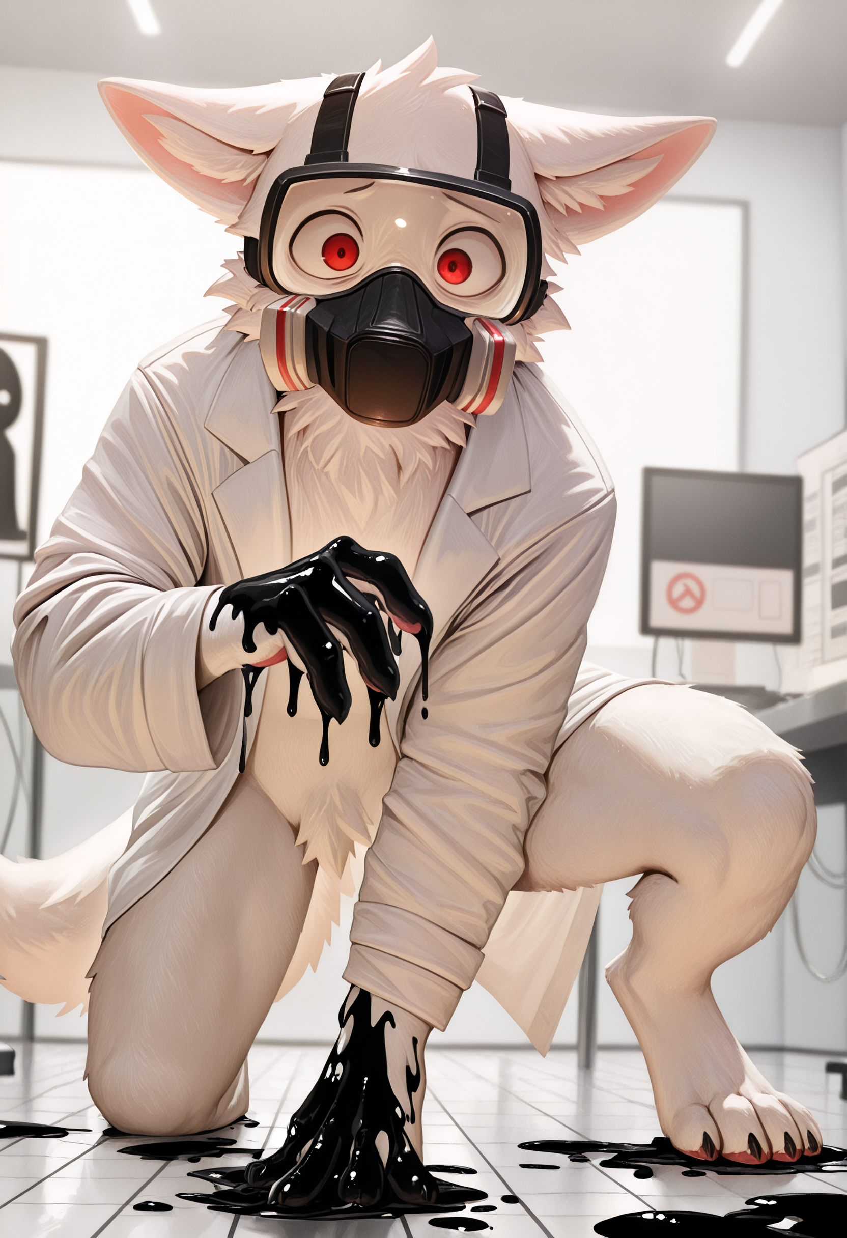photorealism, photorealistic, hi res, depth of field, blurry background, blurry background, (detailed fur:1.2), sinfully stylish, dramatic lighting, soft light,   
dr_k_changed, solo, anthro, 1boy, furry male, red eyes, changed (video game), male focus, lab coat, furry, clothing, coat, white body, fur, animal ears, white fur, male, long sleeves, doctor, body fur, wolf ears, wolf boy, splayed ears, action pose, scared, black goo on hand, looking on hand, lyind on floor, pawpads, leg up, (transfurmation:1.15), 
mask, goggles, headwear, gas mask
flirty expression, seductive glance,  
(masterpiece, best quality, very aesthetic, newest, 2024), (artist:syuro:0.8), (artist:nomax:0.5), (artist:honovy:0.6), (artist:kenket:0.6), (artist:taran fiddler:0.6),  <lora:Sinfully_Stylish_1.0Beta_for_Illustrious:0.75> <lora:Dr._K_Changed_Illustrious:1> <lora:add_details_xl:2>