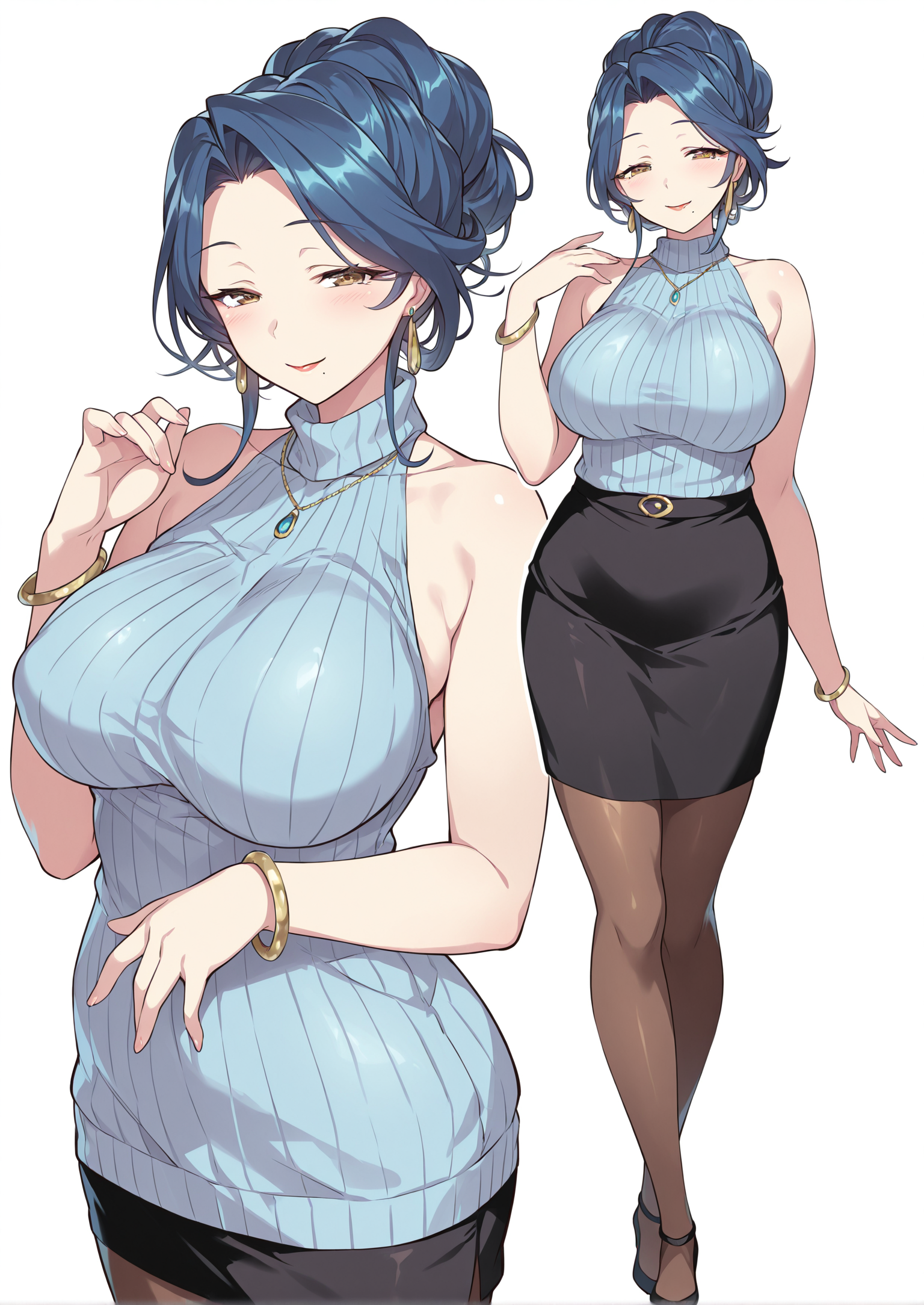 SimplepositiveXLv1, IllusP0s, source_anime,  simple background, black outline, white background, <lora:SenriGAN_style:1>
BREAK
1girl, mature woman, bare shoulders, black skirt, blue hair, bracelet, collarbone, earrings, full body, jewelry, large breasts, looking at viewer, mole, mole under mouth, pantyhose, pencil skirt, ribbed sweater, skirt, sleeveless, smile, solo, standing, sweater, tied hair, turtleneck,