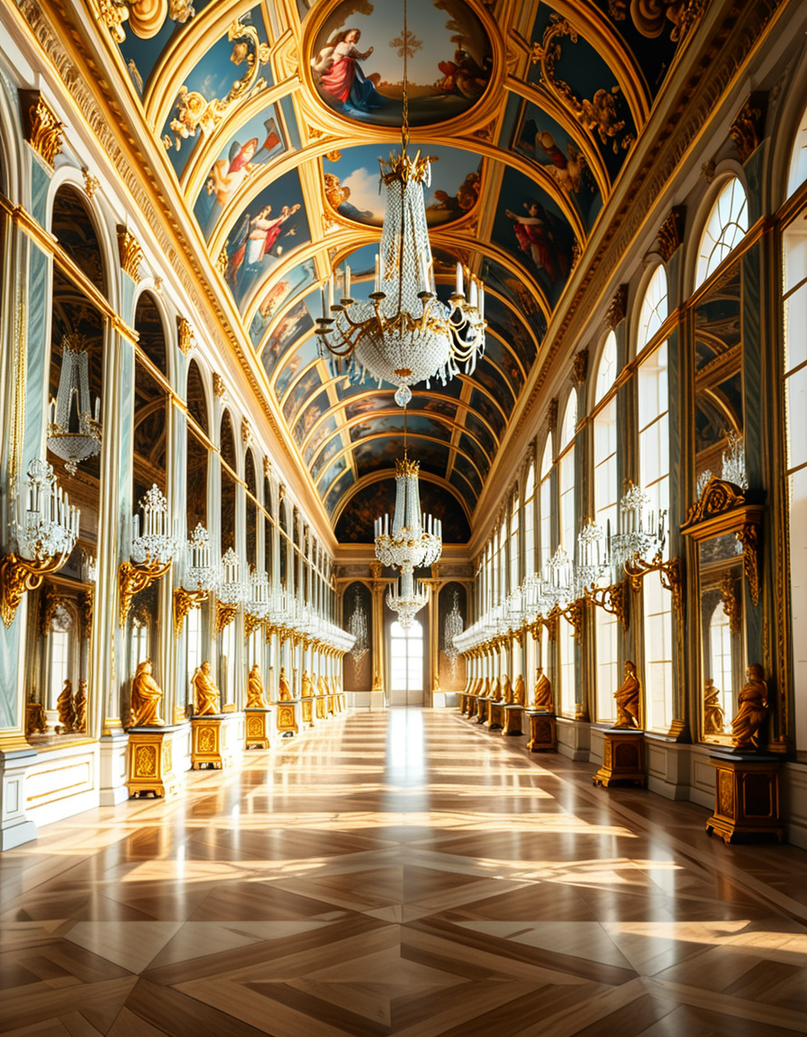 A breathtaking, photorealistic depiction of the Hall of Mirrors (Galerie des Glaces) at the Palace of Versailles in France, captured in golden afternoon light. The hall is grand and opulent, with a high arched ceiling painted with intricate Baroque frescoes. The walls are lined with tall arched mirrors on one side and large arched windows on the opposite side, flooding the space with natural light. Elegant crystal chandeliers hang from the ceiling, reflecting in the mirrors and sparkling with golden highlights. The marble floors are polished and gleaming, with rich, warm tones. Gilded statues and decorative elements frame the mirrors and doorways. The image style is ultra-detailed and photorealistic, with sharp textures and soft, warm lighting creating a majestic, timeless atmosphere. No people present, only the serene magnificence of the empty hall. Camera angle at eye level, centered down the hall, capturing the full length and symmetry of the space.
<lora:SDXLFaeTastic2400:0.4> <lora:extremely_detailed:0.4> extremely detailed,<lora:Hall_of_M1rr0rs:1>,Hall of M1rr0rs, Masterpiece,best quality,hi res,8k,hi res,8k,award winning,(sharp focus, intricate, highly detailed),