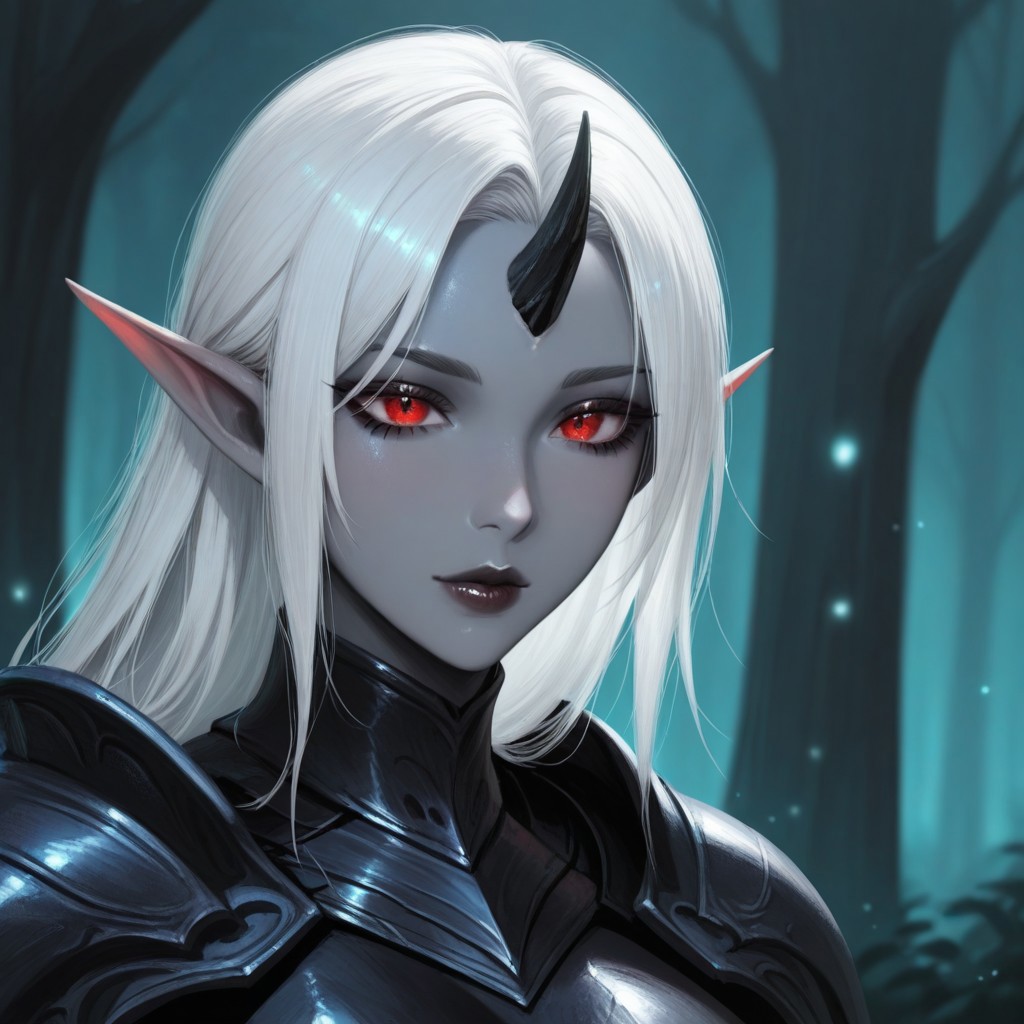 1girl,, Changeling, gray skin, red eyes, pointed ears. white hair, dark eyelids, 1girl, Armor, detailed lips, glossy lips, Outdoor, fantasy background, nature, blurred background,