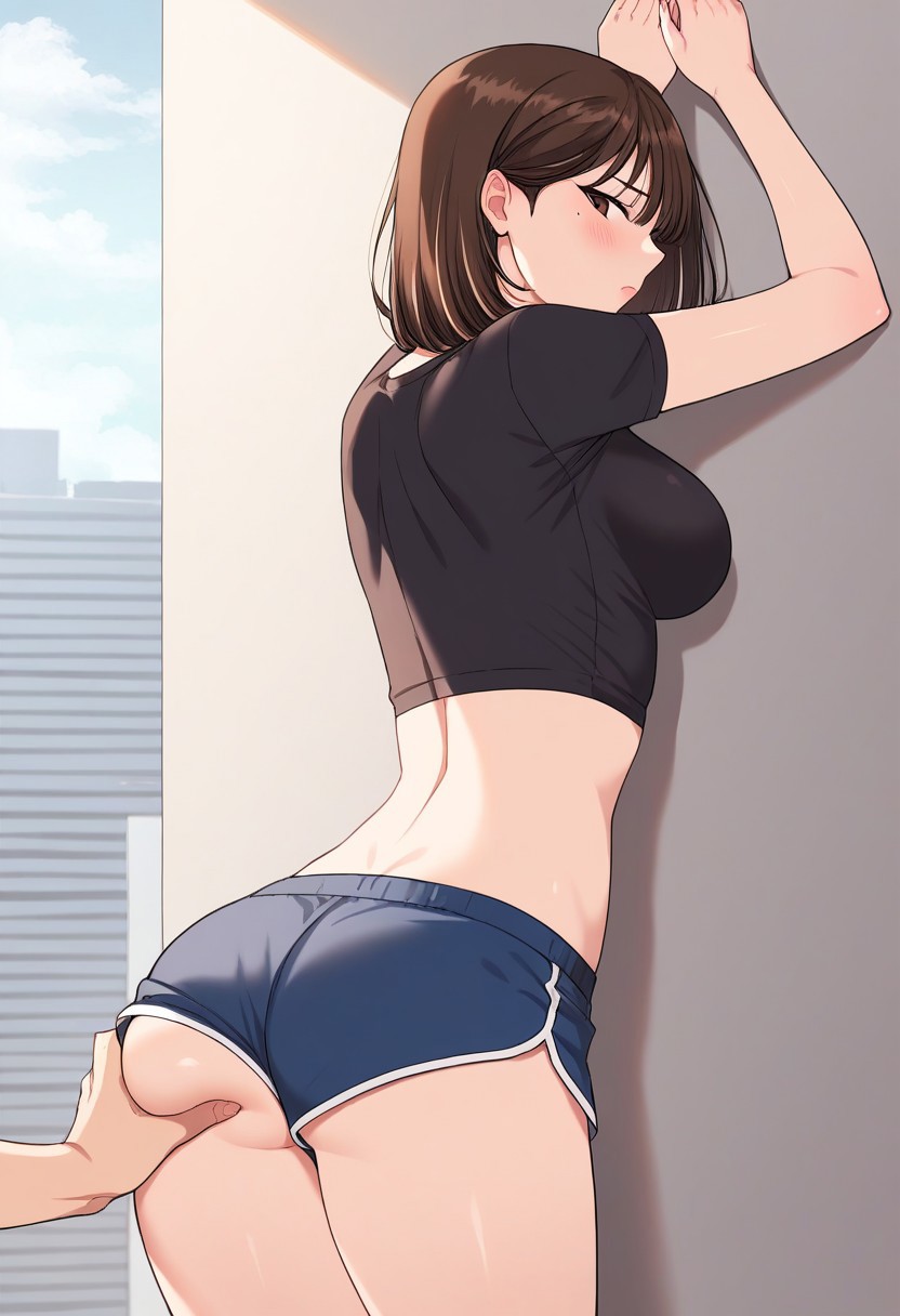 Masterpiece, Highest Quality, Score_9, Score_8_up, Score_7_up, source_anime. anime style. masterpiece, highres, absurdres. Best resolution.
1girl. Minchae Lee. brown hair. brown eyes. short hair. medium hair. bangs. medium breasts. mole under eye.
rooftop. outdoor
crop top. black shirt. midriff. short sleeve. dolphin shorts.
assume the position, assume_the_position, cavity_search, hands_against_wall, hands_on_wall
1woman, from behind, standing, hand_on_wall, against wall, ass_shake, bent_over:1.2,
impossible_clothes, ass_focus, looking_back, blush
hand