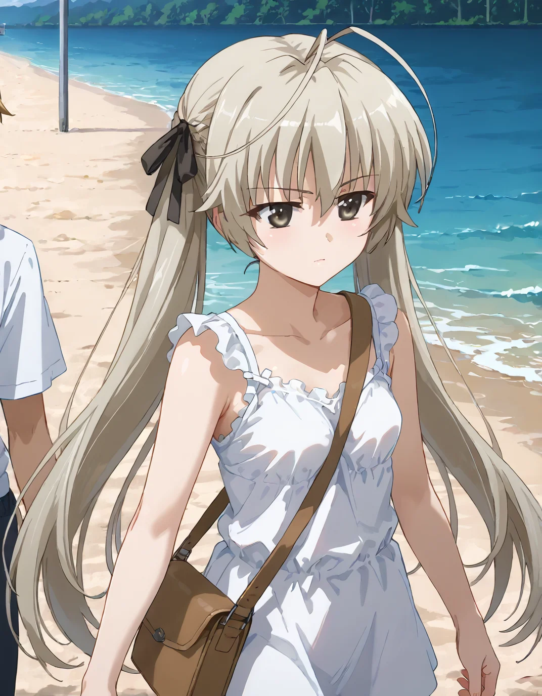 score_9, score_8_up, score_7_up, source_anime, <lora:add-detail-xl:1>, good anatomy, masterpiece, amazing quality, ultra detailed, good hand
BREAK 1girl, casual, walking, <lora:pai-sura:0.7> pai-sura, breasts emphasis, slant bag, bag strap passing between breasts,
BREAK <lora:Sora_Kasugano_-_Yosuga_no_Sora:0.9> sora kasugano, blond long hair, ribbon, hair ribbon, antenna hair, small breasts,